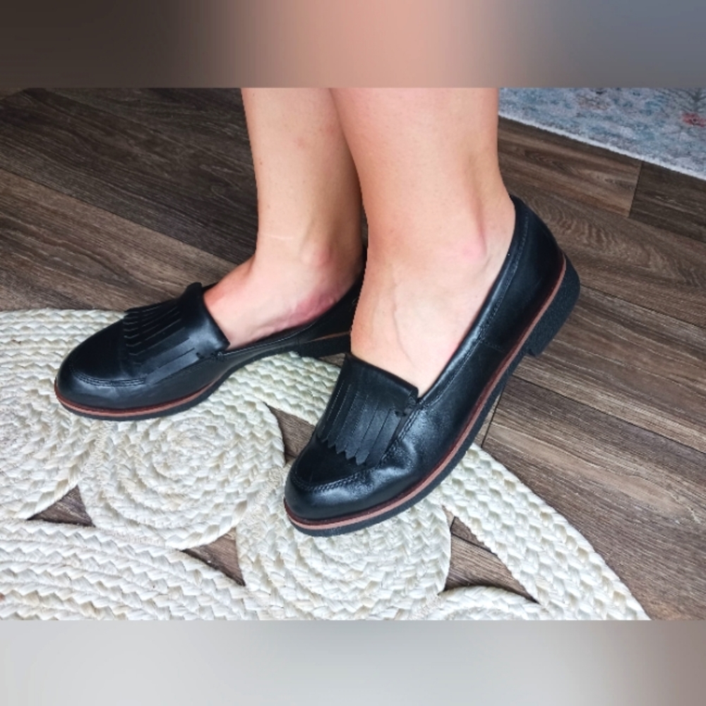 Clarks black leather loafers with fringe